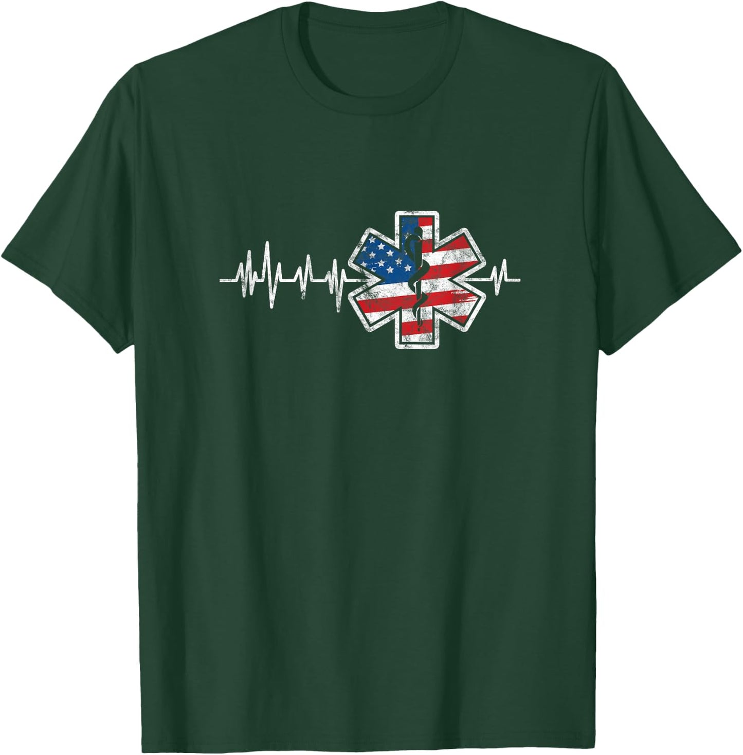 EMS Emergency Medical Service USA Flag Heartbeat 4th of July T-Shirt - T-Shirt | Forest