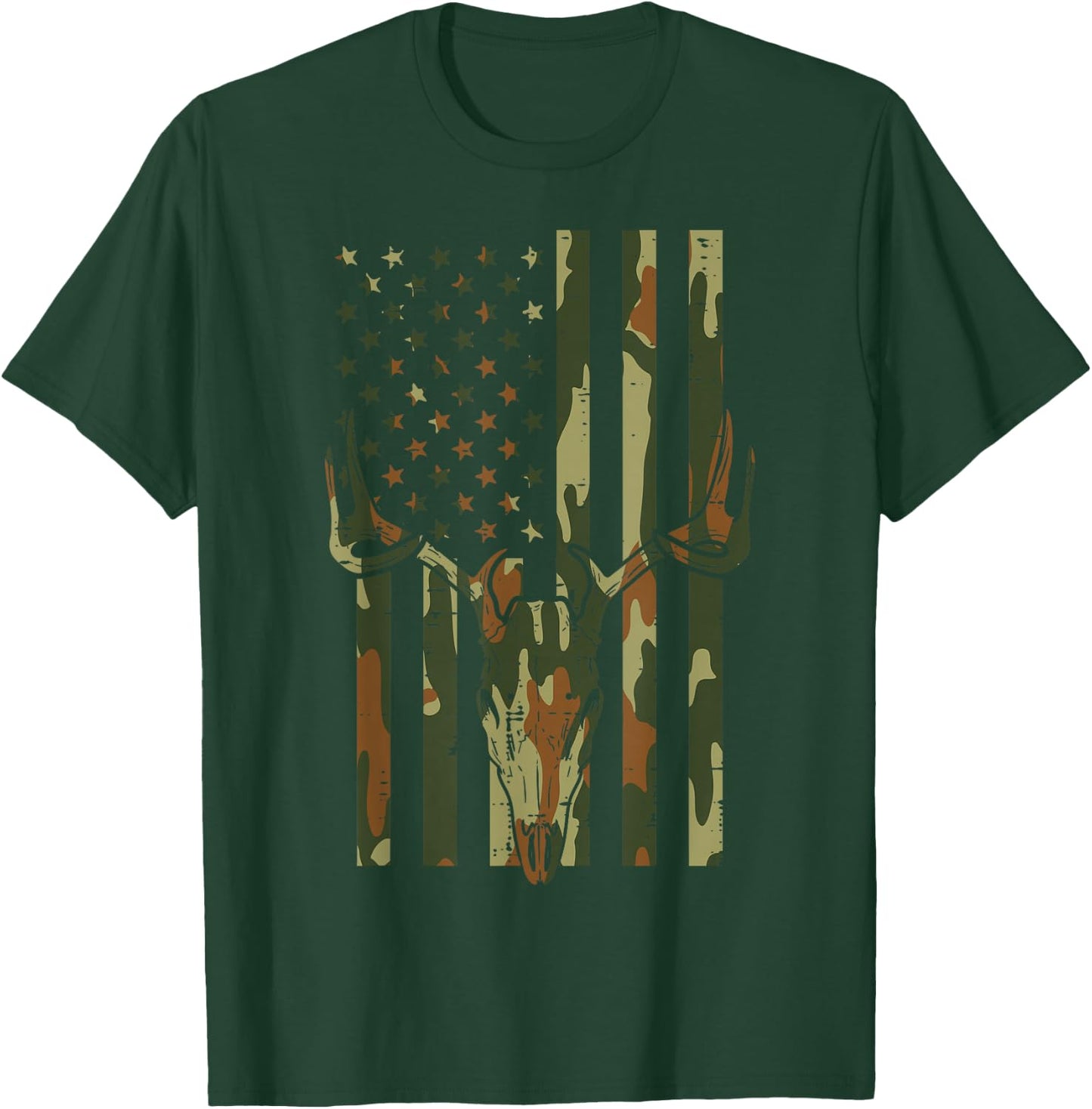Camo US Flag Deer Skull Vintage Hunting Patriotic Hunt Dad T-Shirt - T-Shirt | Forest