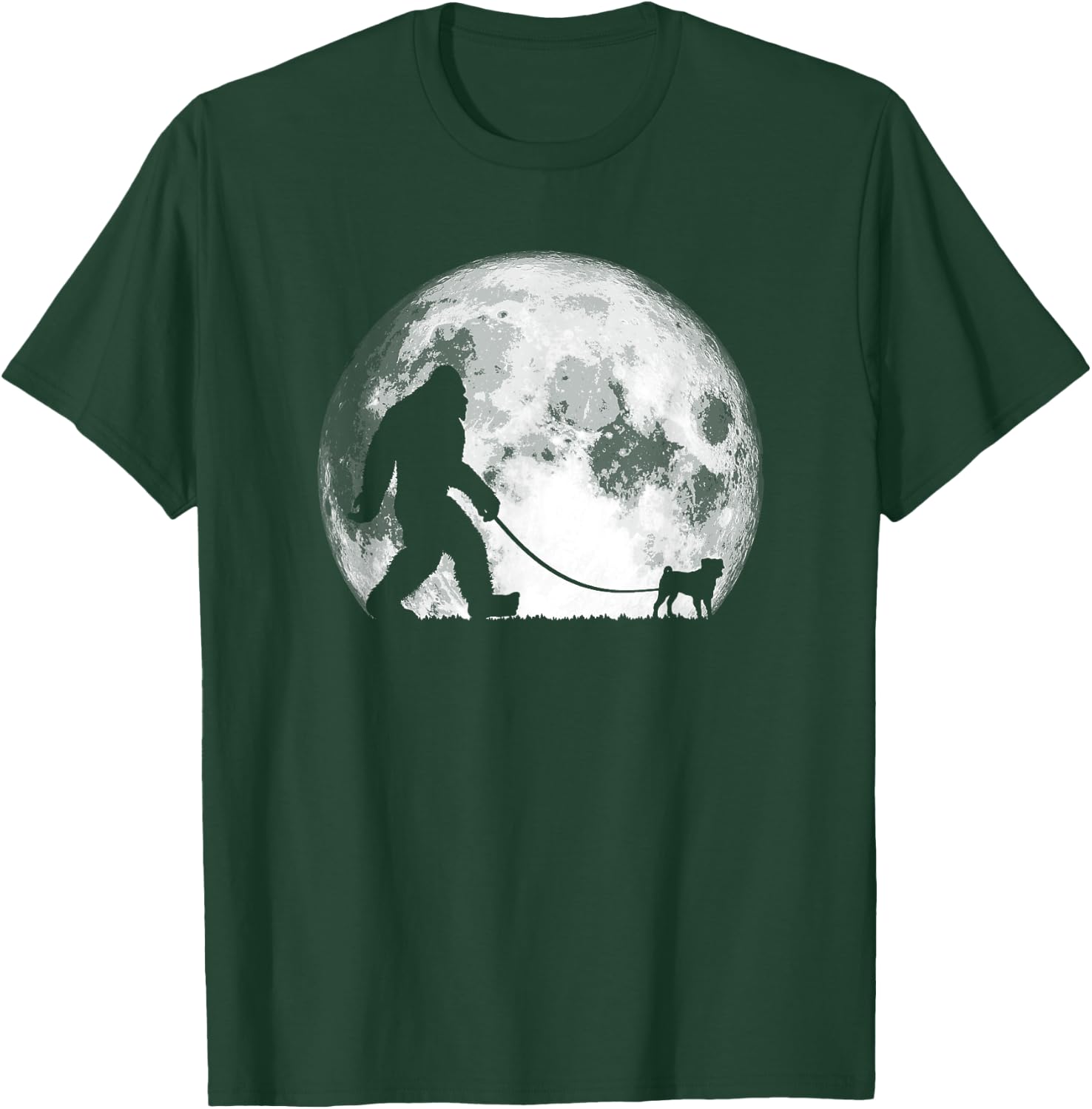 Bigfoot & Pug Funny Night Time Dog Walking Graphic T-Shirt - T-Shirt | Forest