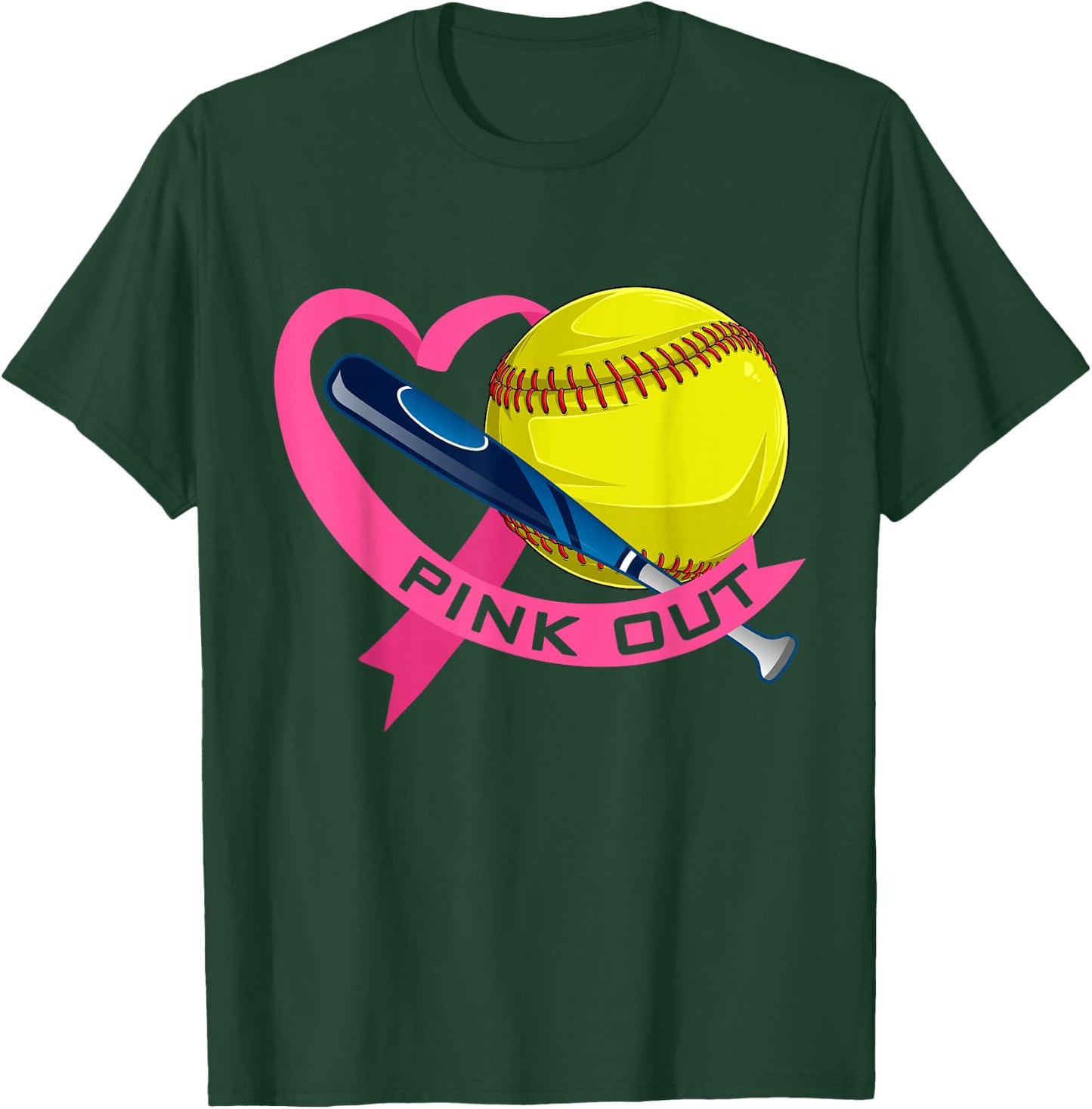 Pink Out Breast Cancer Pink Ribbon Heart With Softball Ball T-Shirt - T-Shirt | Forest