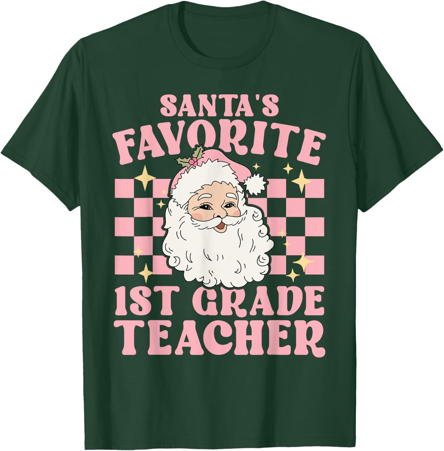Vintage Pink Christmas Santas Favorite 1st Grade Teacher T-Shirt - T-Shirt | Forest