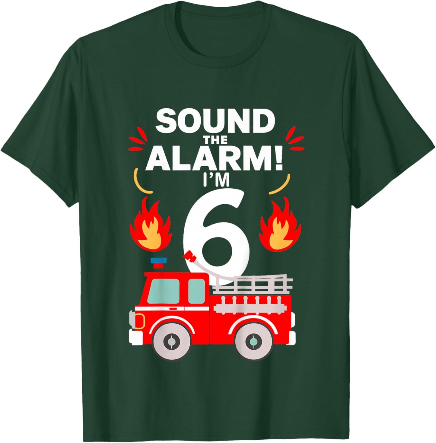 Kids 6th Birthday Fire Truck 6 Year Old Birthday Boy Firefighter T-Shirt - T-Shirt | Forest