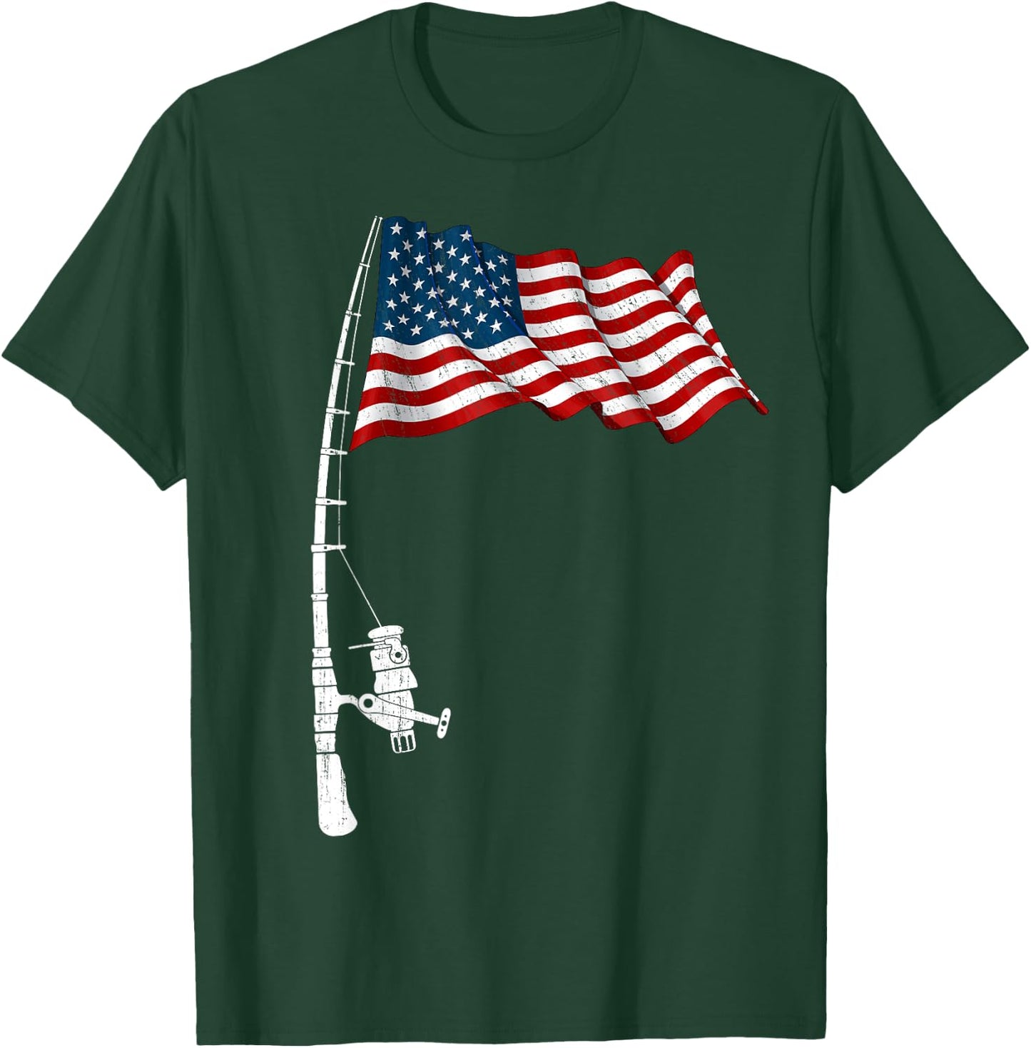 Vintage Fishing Rod American Flag Funny Fishing 4th of July Men T-Shirt - T-Shirt | Forest