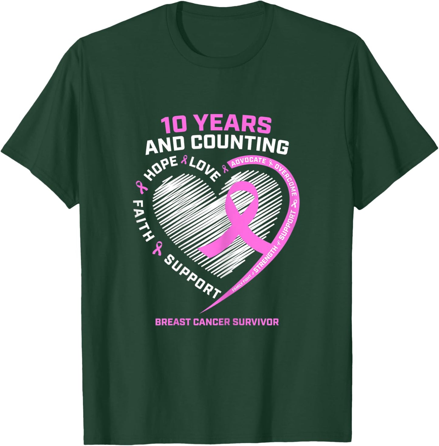 10 Year Breast Cancer Survivor Gifts Warrior Fight Awareness T-Shirt - T-Shirt | Forest