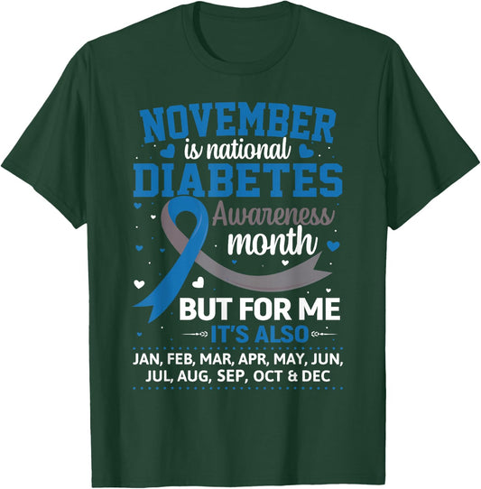 November is Diabetes Awareness Month Blue and Gray Ribbon T-Shirt - T-Shirt | Forest