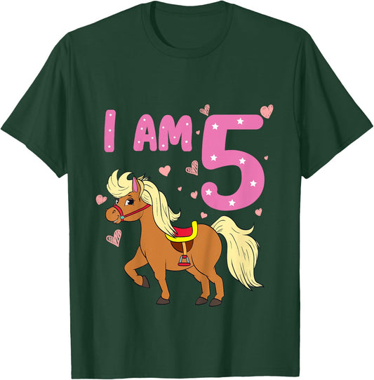 Pony Girl 5th Birthday Horse 5 Years Old Girls Pony Birthday T-Shirt - T-Shirt | Forest