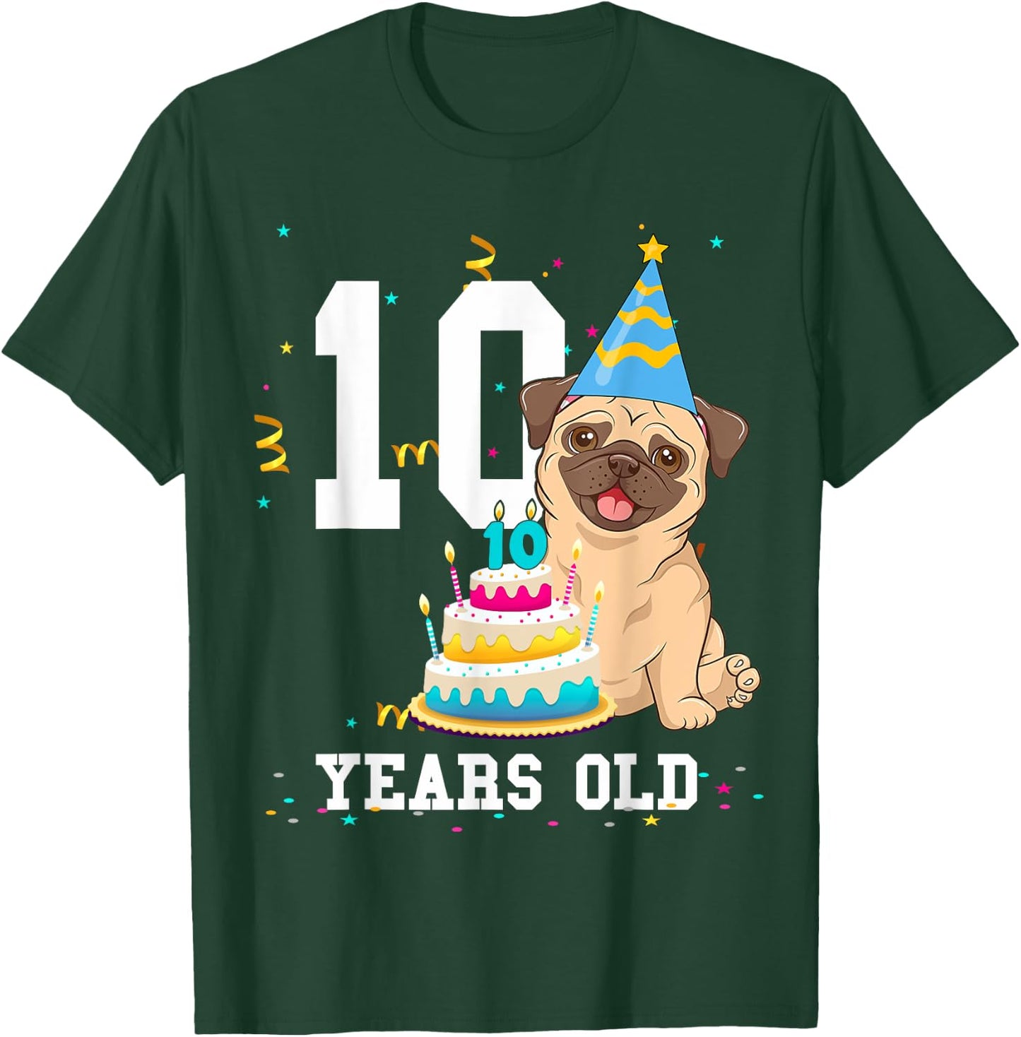10 Years Old Birthday Pug Dog Lover Party Kids Boys Girls T-Shirt - T-Shirt | Forest