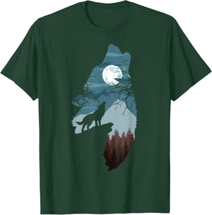 Forest with Full-Moon and Cliff of Silhouette Howling Wolf T-Shirt - T-Shirt | Forest