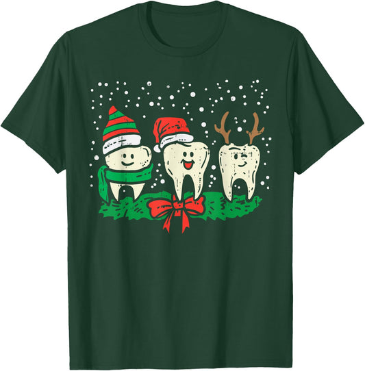 Dental Cute Christmas Teeth Reindeer Santa Snow Dentist Gift T-Shirt - T-Shirt | Forest