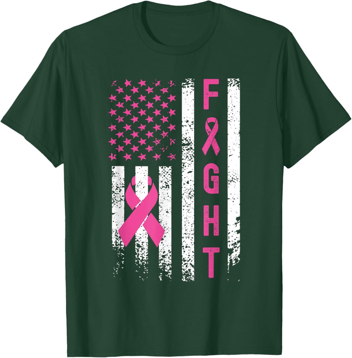 Fight Breast Survivor American Flag Breast Cancer Awareness T-Shirt - T-Shirt | Forest