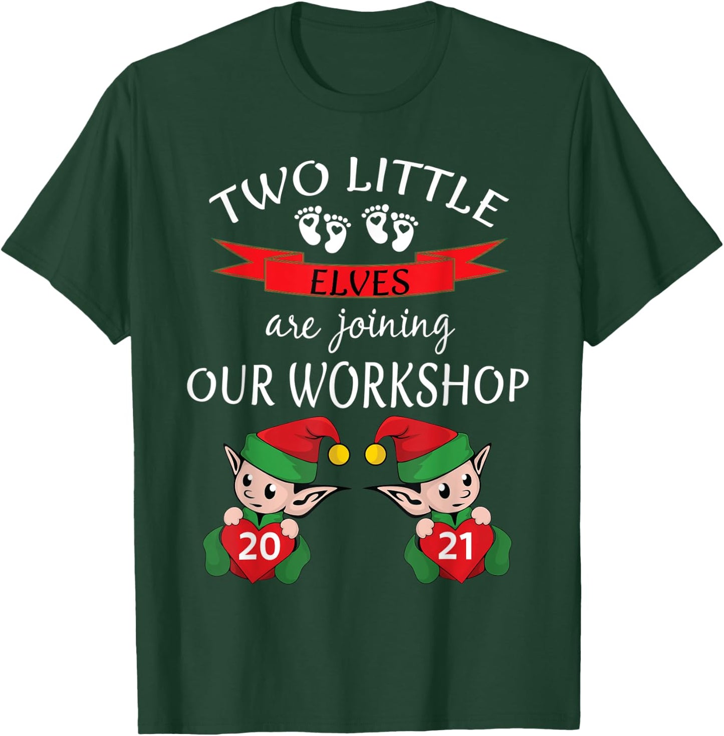 Cute 2021 Twins Christmas Pregnancy New Mom Baby Reveal Elf T-Shirt - T-Shirt | Forest
