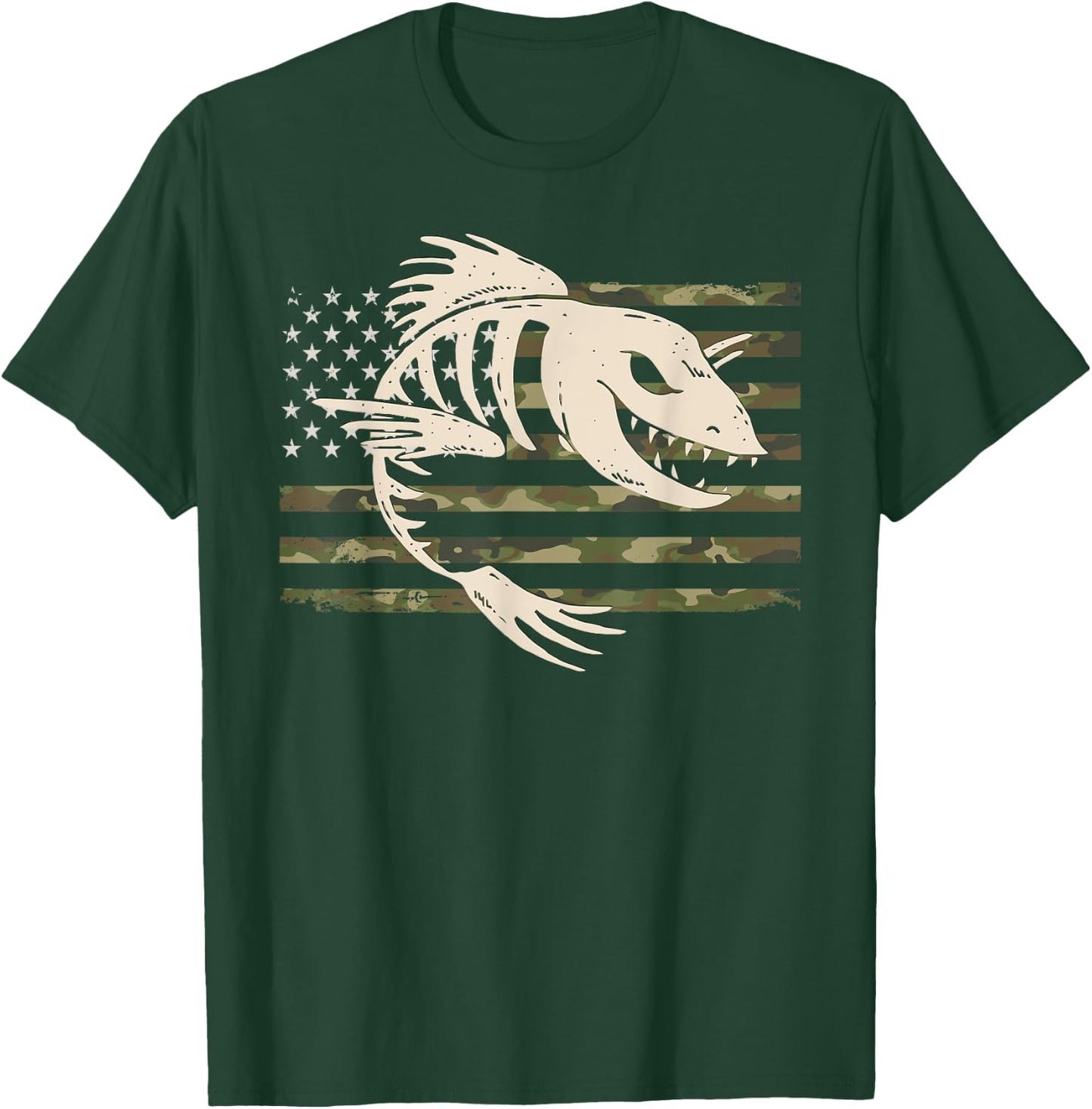 Fish Bones Skeleton Camo US American Flag Camouflage Fishing Men T-Shirt - T-Shirt | Forest
