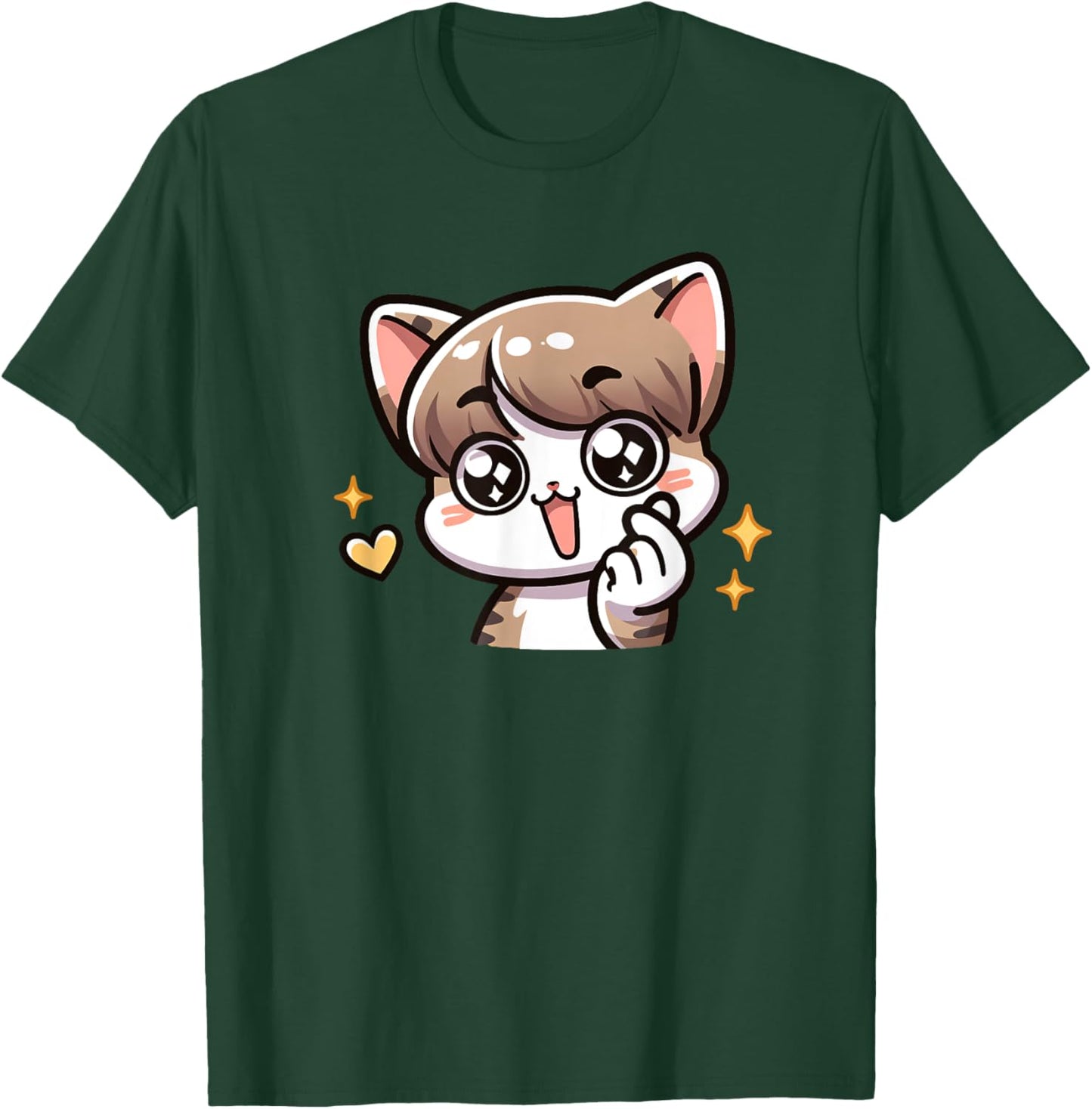 Funny Cat Cartoon Finger-heart K-pop Korean Men Women Kids T-Shirt - T-Shirt | Forest