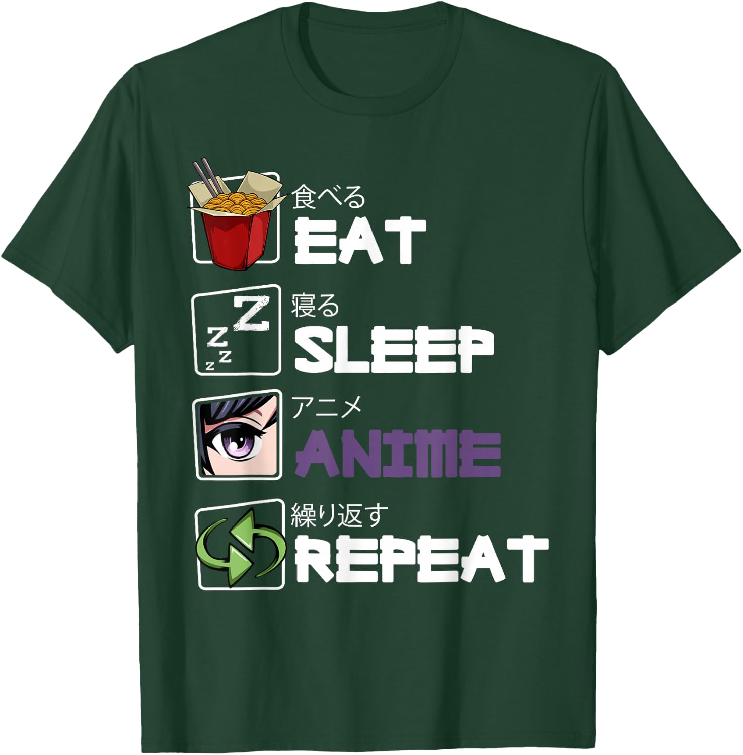 Eat Sleep Anime Repeat Kawaii Otaku Manga Japan Fan Kanji T-Shirt - T-Shirt | Forest