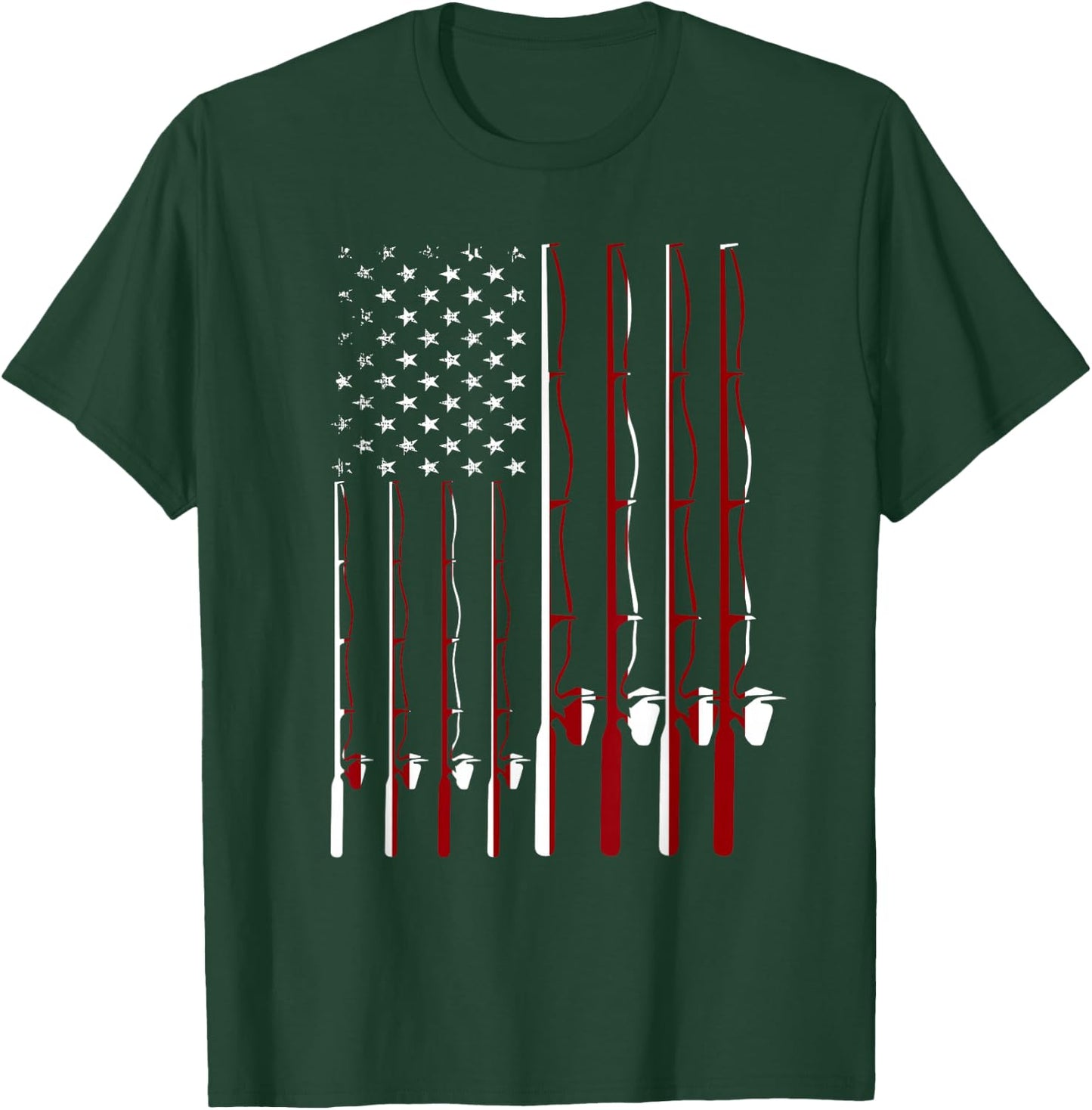 Fishing Pole American Flag 4th Of July Patriotic Men Women T-Shirt - T-Shirt | Forest