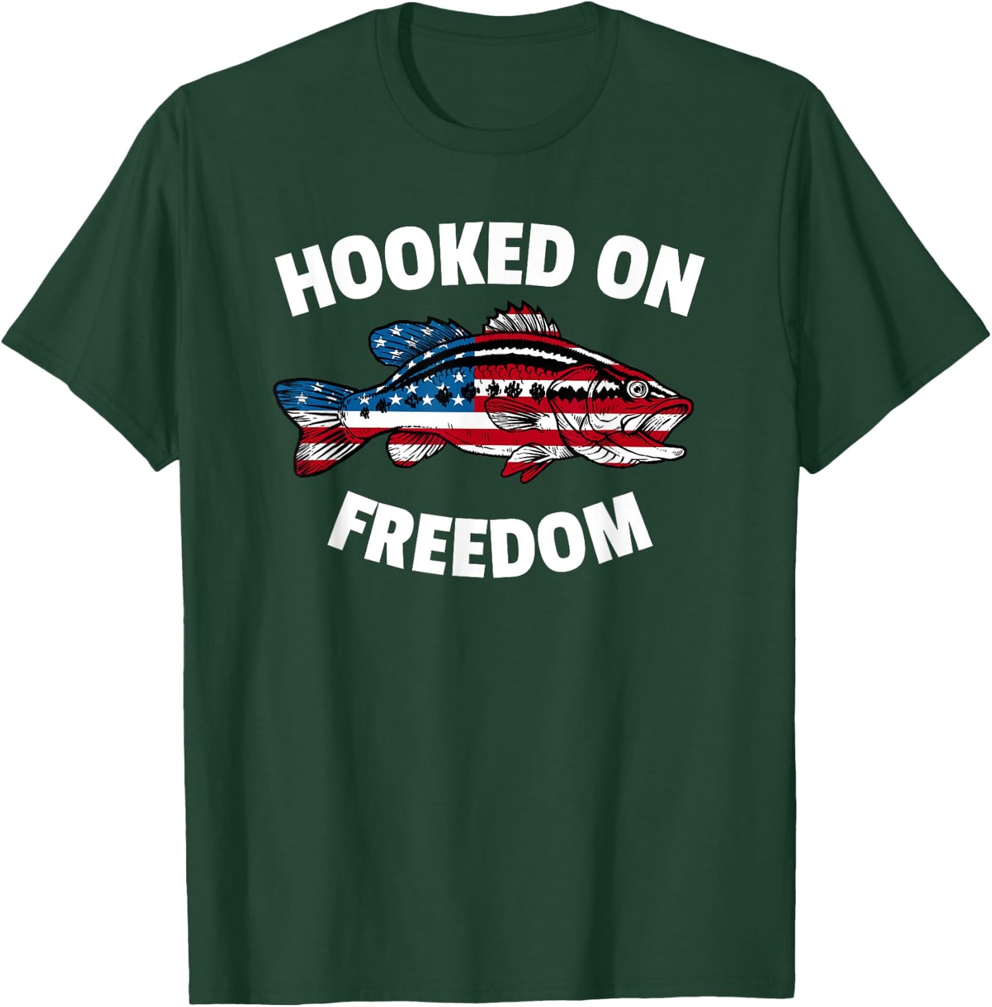4th of July Fishing American Flag Bass Hooked On Freedom Women Kids Men T-Shirt - T-Shirt | Forest