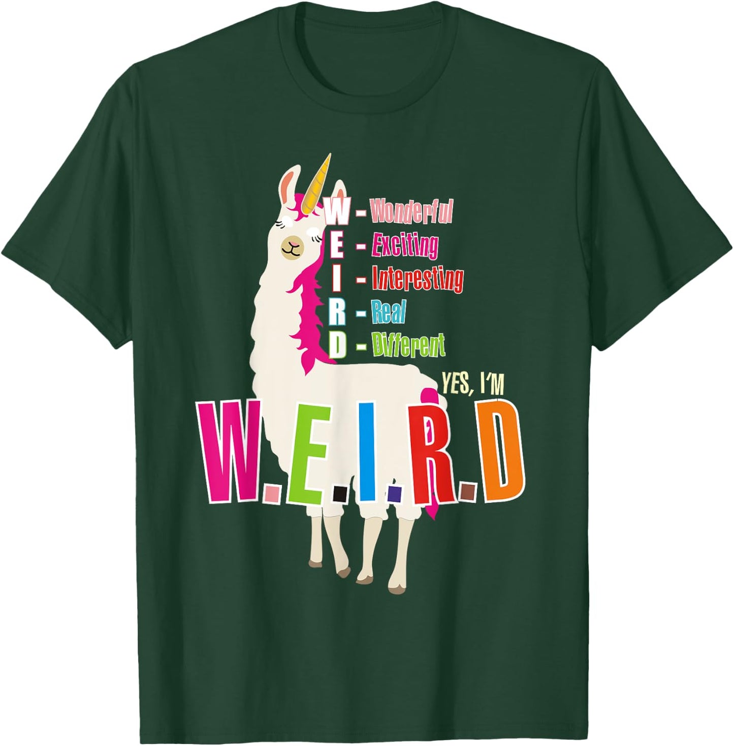Yes I'm WEIRD Llamacorn Funny Cute Llama Unicorn T-Shirt - T-Shirt | Forest