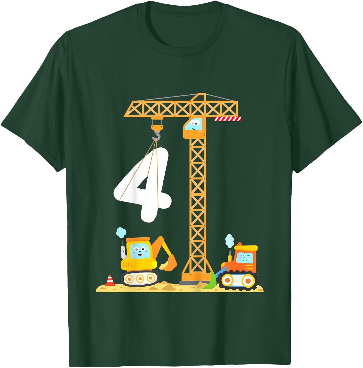 Kids Birthday 4 Year Old Boy Construction Vehicles Digger Crane T-Shirt - T-Shirt | Forest