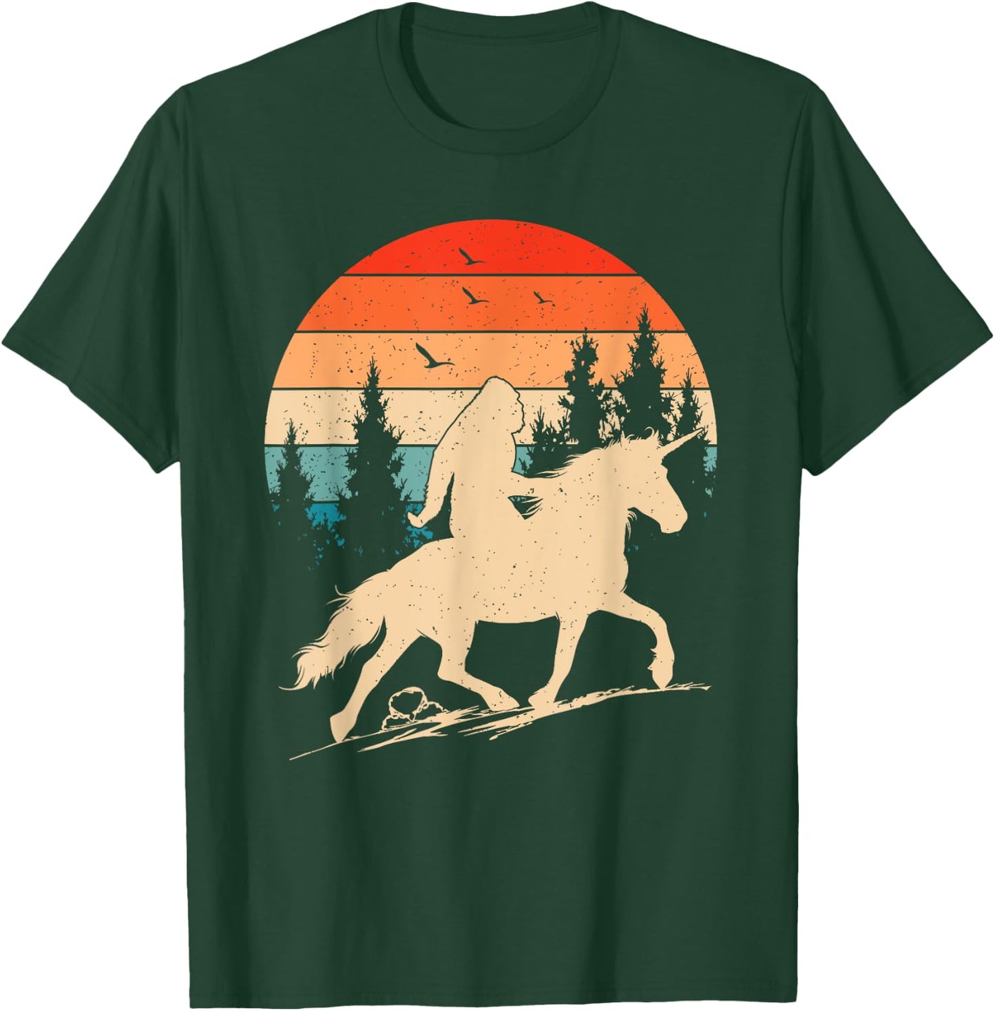 Bigfoot Riding Unicorn! Funny Sasquatch Unicorn Retro Sunset T-Shirt - T-Shirt | Forest