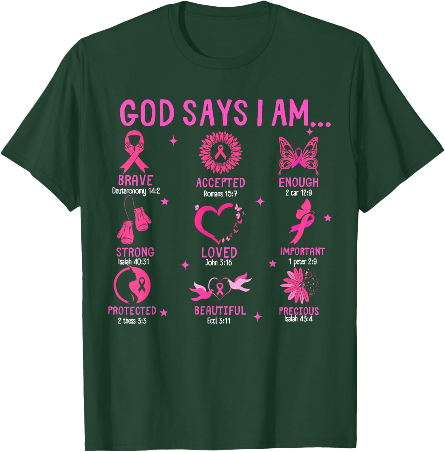God Says I Am Breast Cancer Awareness Christian Bible Verse T-Shirt - T-Shirt | Forest