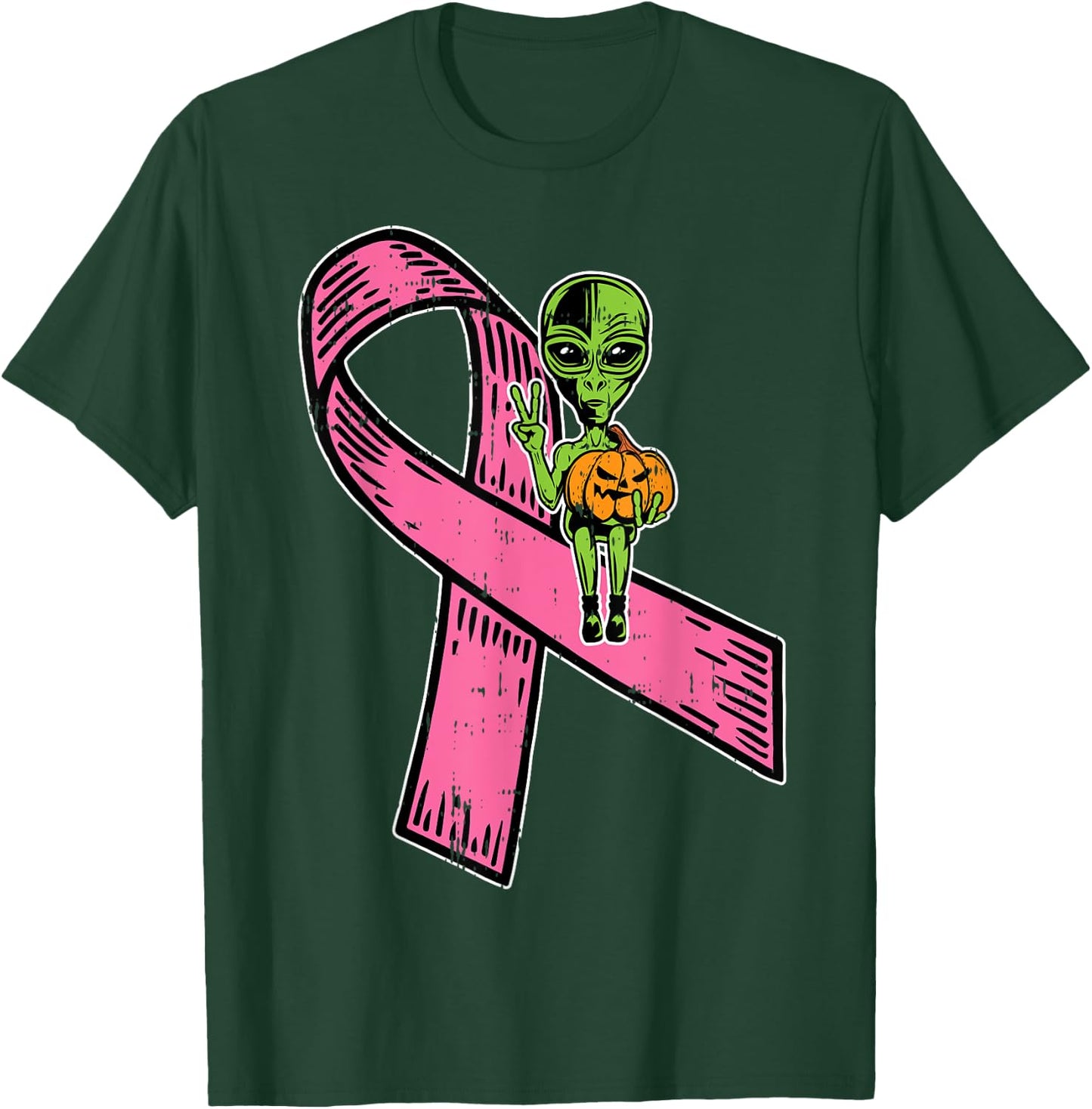 Pink Ribbon Alien Pumpkin Cool Halloween Breast Cancer Gifts T-Shirt - T-Shirt | Forest