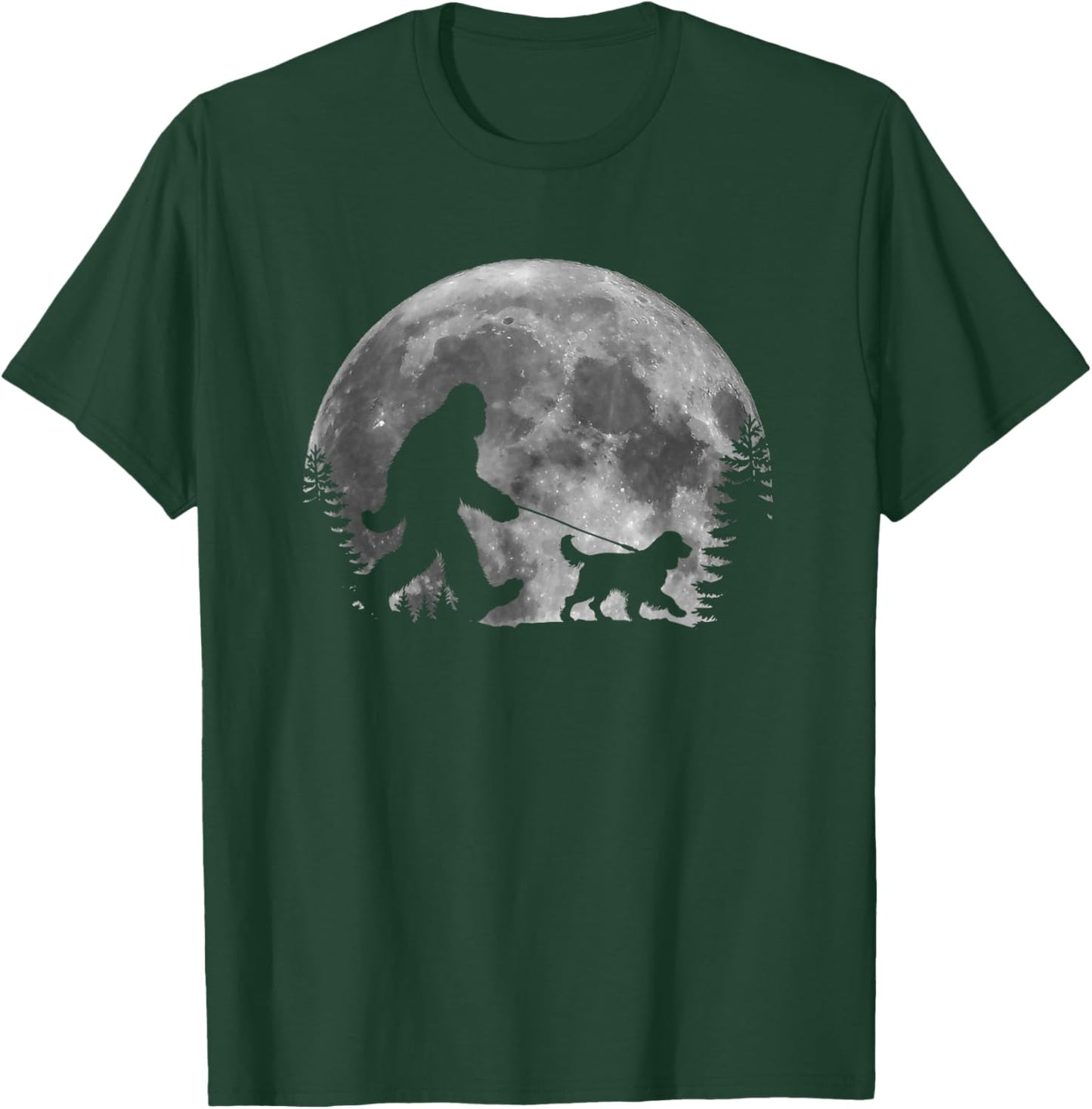 Bigfoot Walking a Dog Funny English Springer Spaniel Moon T-Shirt - T-Shirt | Forest