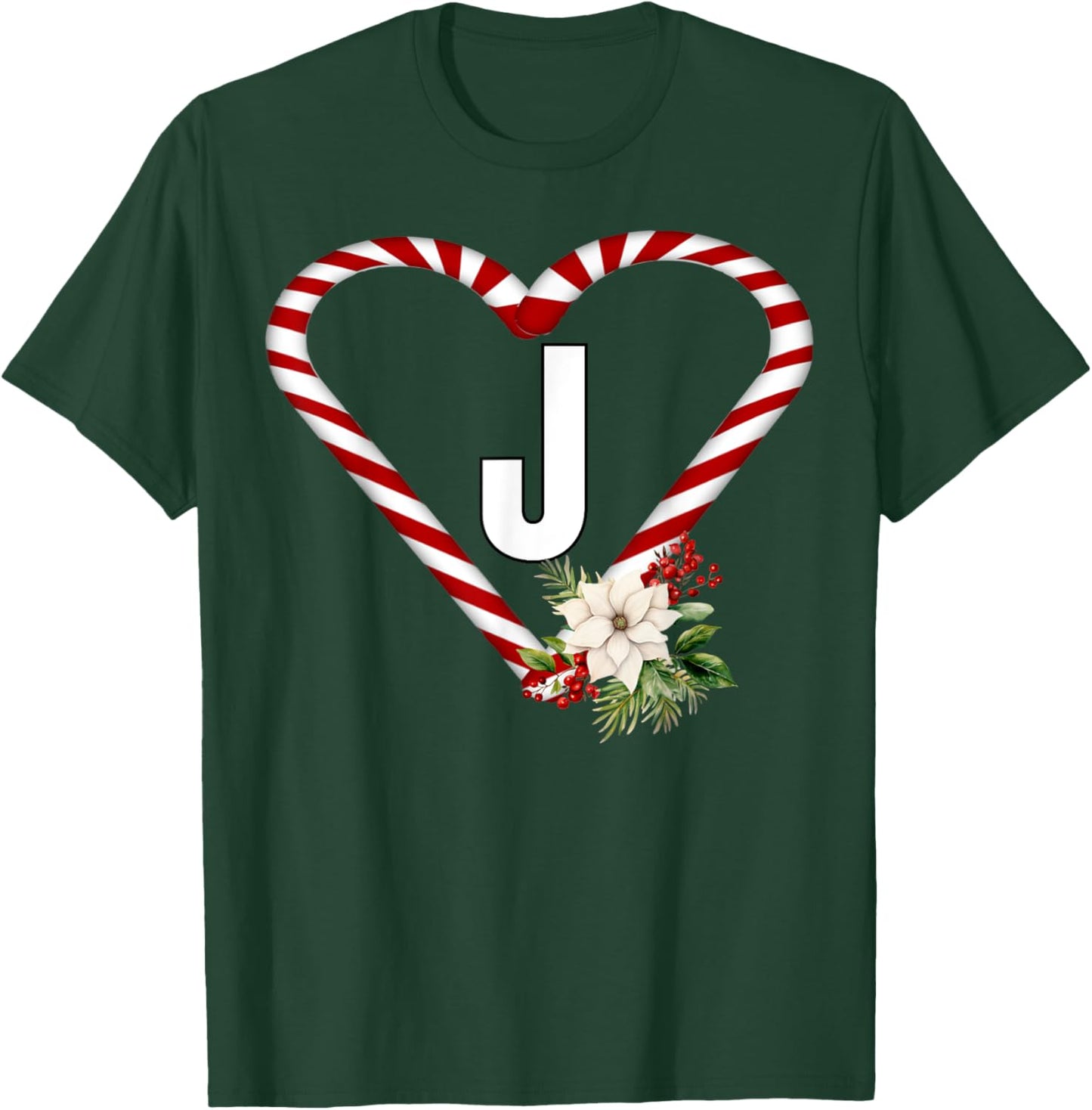 Letter J Christmas Candy Cane Holiday Novelty Christmas T-Shirt - T-Shirt | Forest