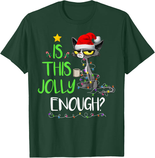 Is This Jolly Enough Black Cat Merry Christmas Tree Lights Women Kids T-Shirt - T-Shirt | Forest