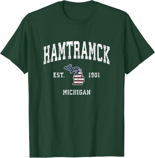 Hamtramck Michigan MI Vintage American Flag Sports Design T-Shirt - T-Shirt | Forest