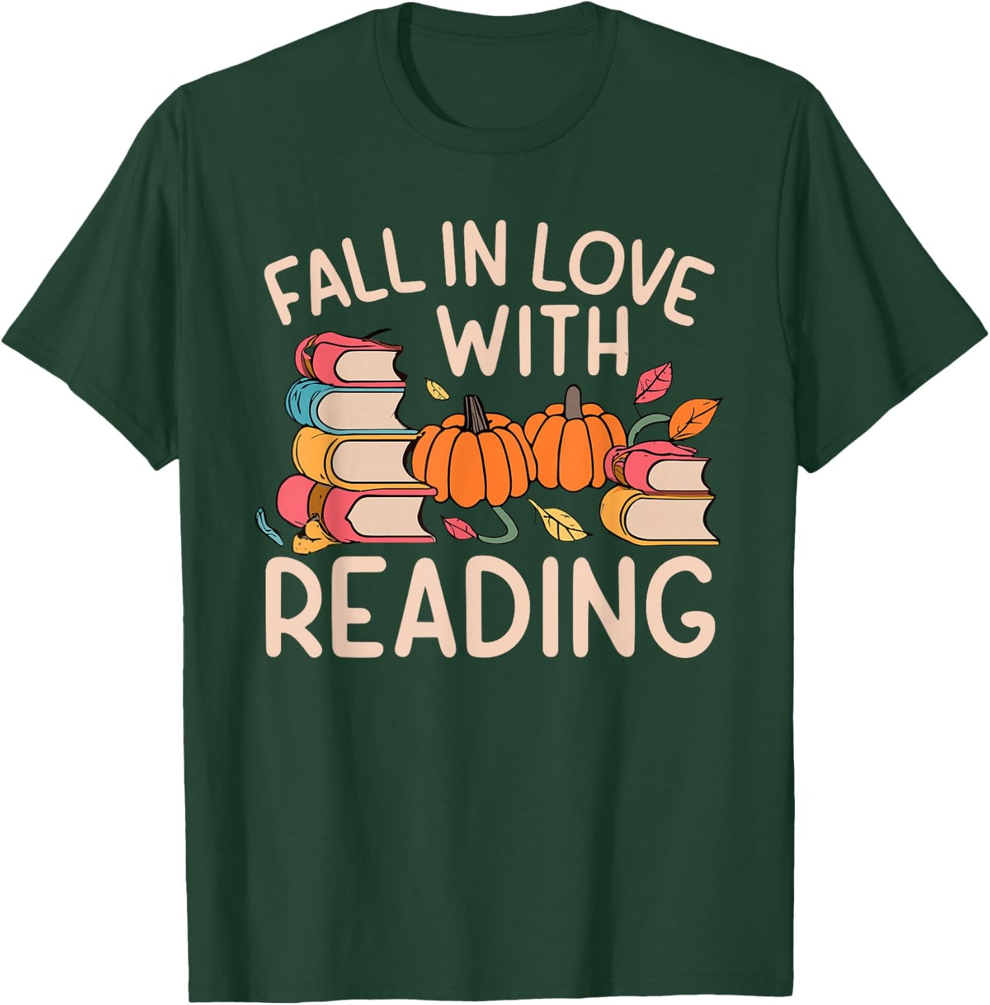 Fall In Love With Reading Book Autumn Pumpkins And Teachers T-Shirt - T-Shirt | Forest