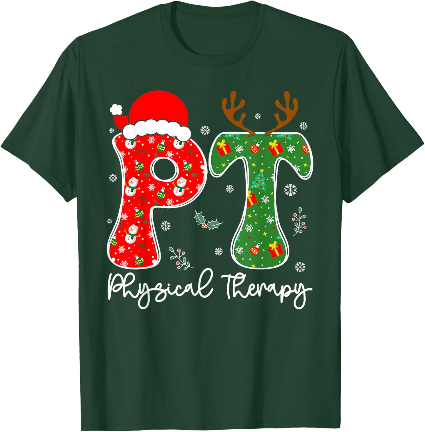 Funny Physical Therapy Christmas Santa Hat PT Therapist Xmas T-Shirt - T-Shirt | Forest