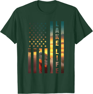 Lake Life Fisherman Sunset American Flag Bass Fishing Boat T-Shirt - T-Shirt | Forest