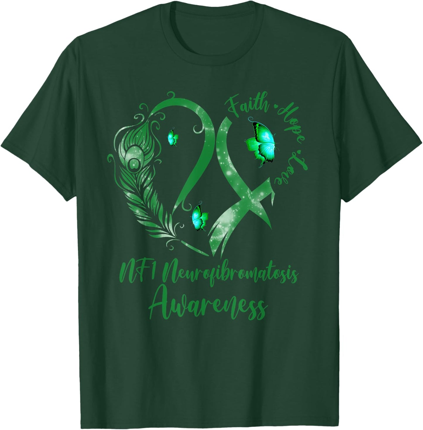 Tu Heart Butterfly Green Ribbon NF1 Awareness T-Shirt - T-Shirt | Forest