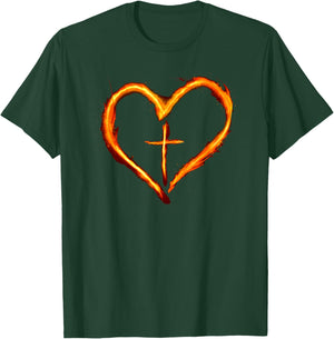 Christian Cross Revival Heart Flame – Be on Fire for Jesus T-Shirt - T-Shirt | Forest