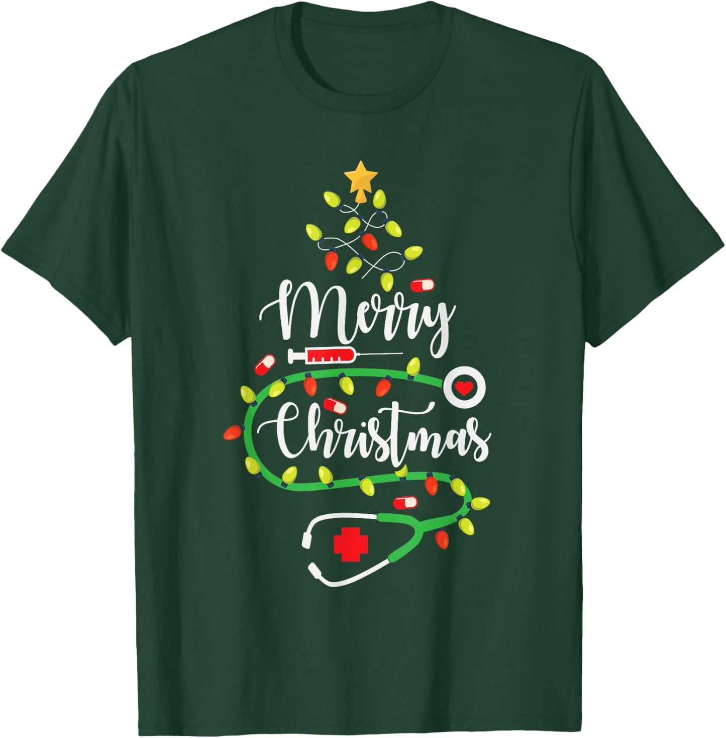 Merry Christmas Cute Registered Nurse Medical Stethoscope T-Shirt - T-Shirt | Forest