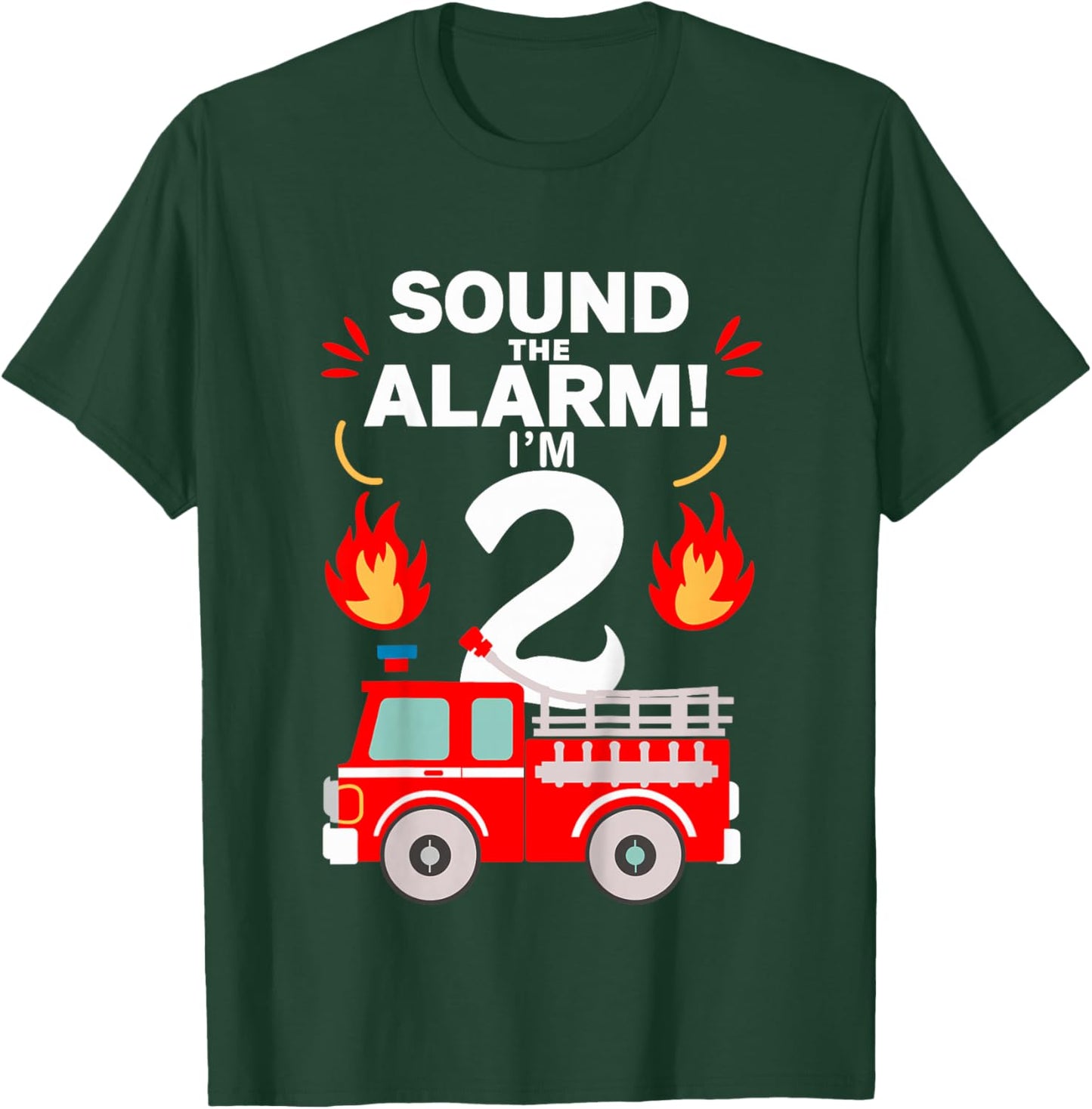 Kids 2nd Birthday Fire Truck 2 Year Old Birthday Boy Firefighter T-Shirt - T-Shirt | Forest