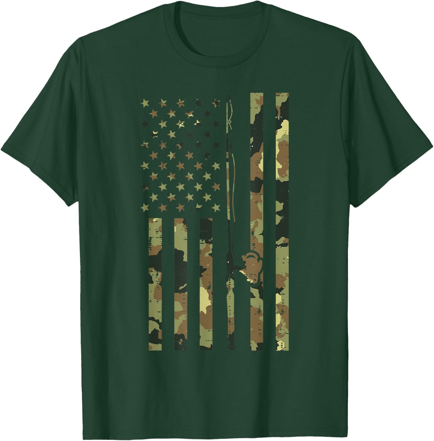 Camo US Flag Fishing Rod Pole Vintage Patriotic Fisherman T-Shirt - T-Shirt | Forest