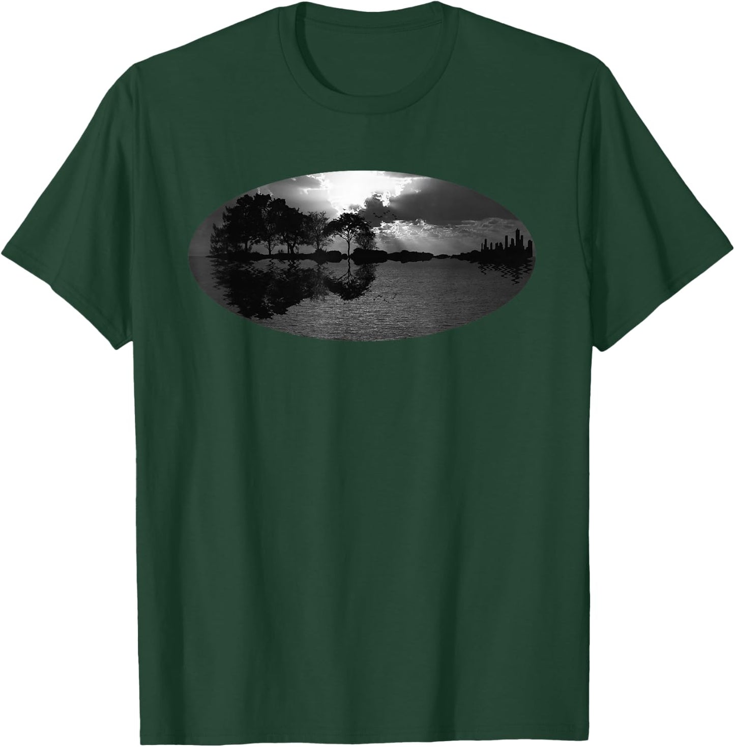 Guitar Sunset Sky Trees City Water Reflection Special Design T-Shirt - T-Shirt | Forest
