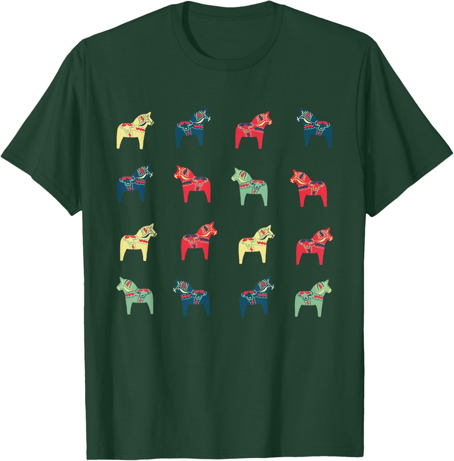 Swedish Dala Horses Dalecarlian Adults Black Small Modern Cartoon Embroidery Short Sleeve T-Shirt - T-Shirt | Forest