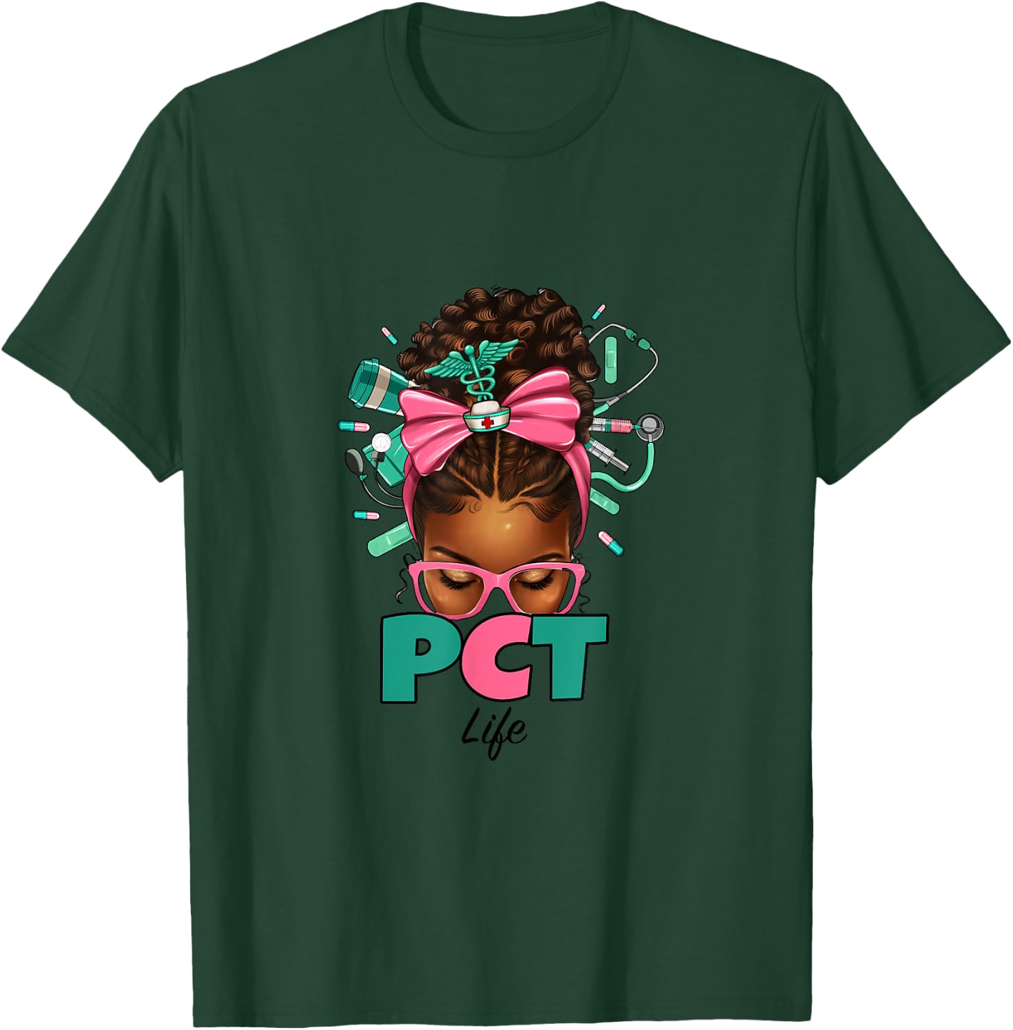 PCT Patient Care Technician Messy Bun African American Women T-Shirt - T-Shirt | Forest