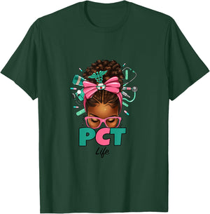 PCT Patient Care Technician Messy Bun African American Women T-Shirt - T-Shirt | Forest