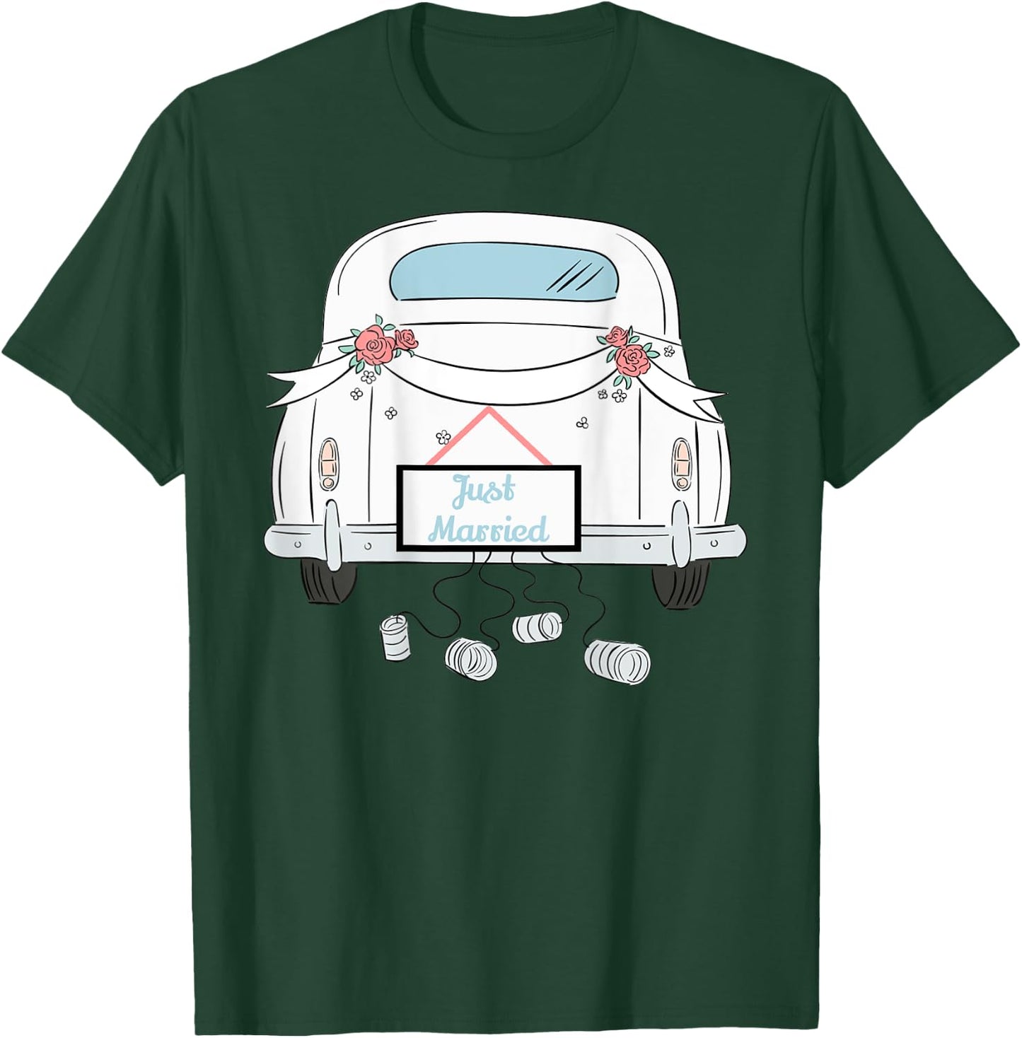 Just Married Honeymoon Car With Cans Design on Back T-Shirt - T-Shirt | Forest