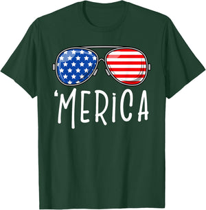 Merica Sunglasses | USA Flag 4th Of July Costume Women Kids Men T-Shirt - T-Shirt | Forest