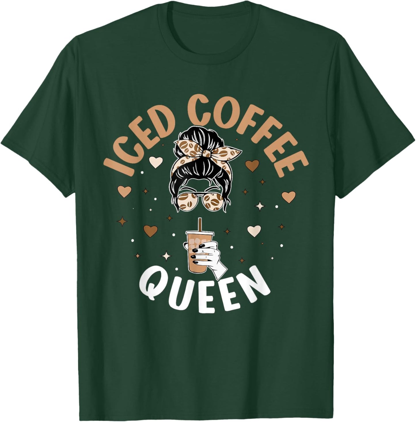 Iced Coffee Queen Women Messy Bun Cold Brew Coffee Quote T-Shirt - T-Shirt | Forest