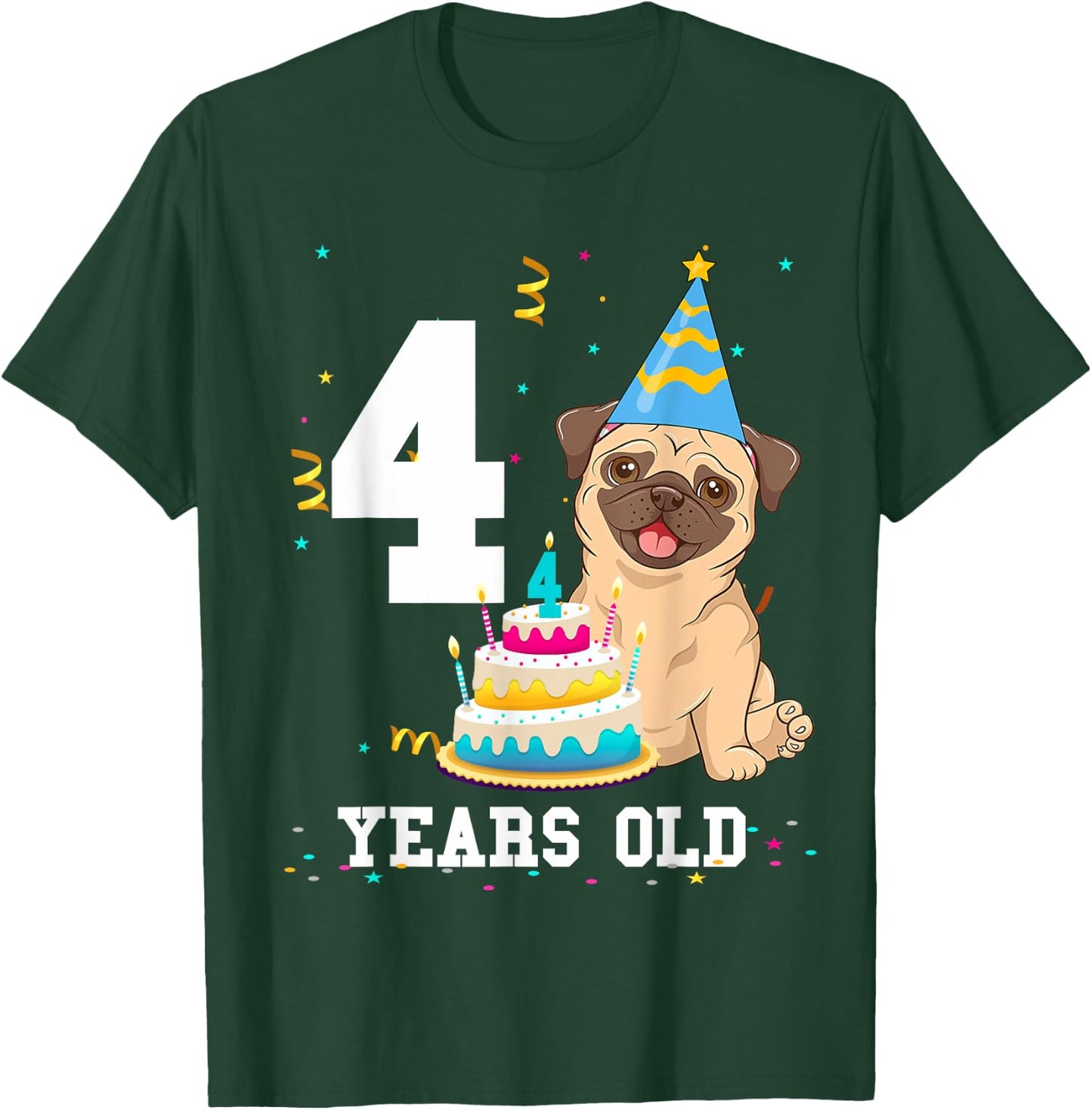 4 Years Old Birthday Pug Dog Lover Party Kids Boys Girls T-Shirt - T-Shirt | Forest