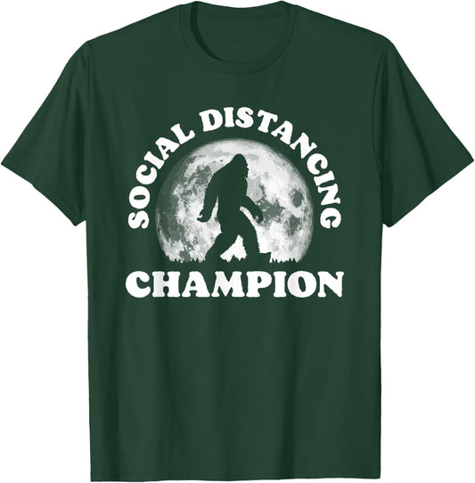 Social Distancing Champion Funny Bigfoot Retro 80s Vibe Moon T-Shirt - T-Shirt | Forest