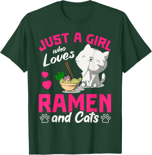 Just A Girl Who Loves Ramen And Cats Cute Animal Gift Ramen T-Shirt - T-Shirt | Forest