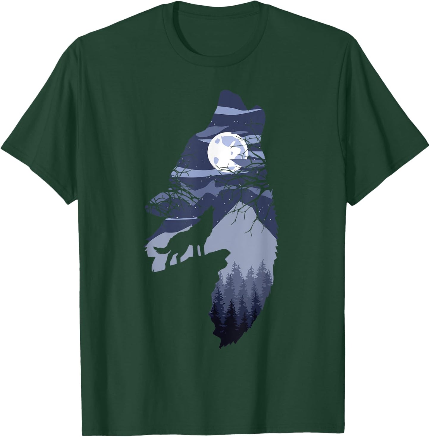Forest with Full-Moon and Cliff Of Silhouette Howling Wolf T-Shirt - T-Shirt | Forest