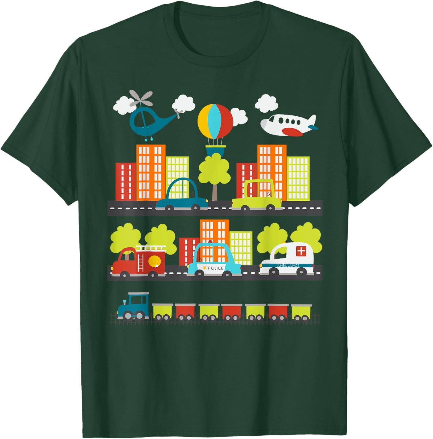 Transportation Trucks Cars Train Plane Emergency Vehicle Boy T-Shirt - T-Shirt | Forest