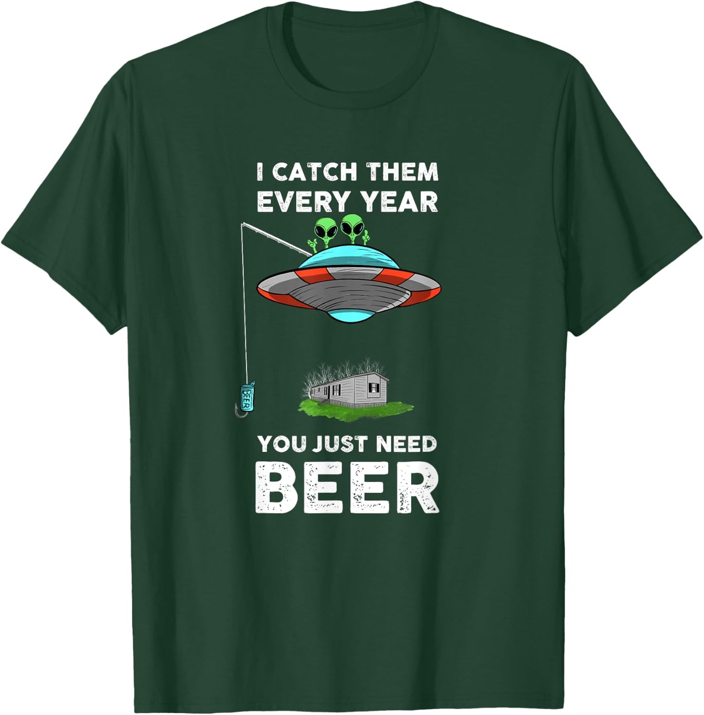 Funny Alien and UFO Redneck Fishing Beer Graphic T-Shirt - T-Shirt | Forest